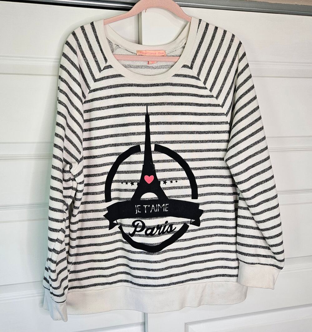 Rebellious One Paris Eiffel Tower Striped Casual Graphic Sweatshirt Size 3X